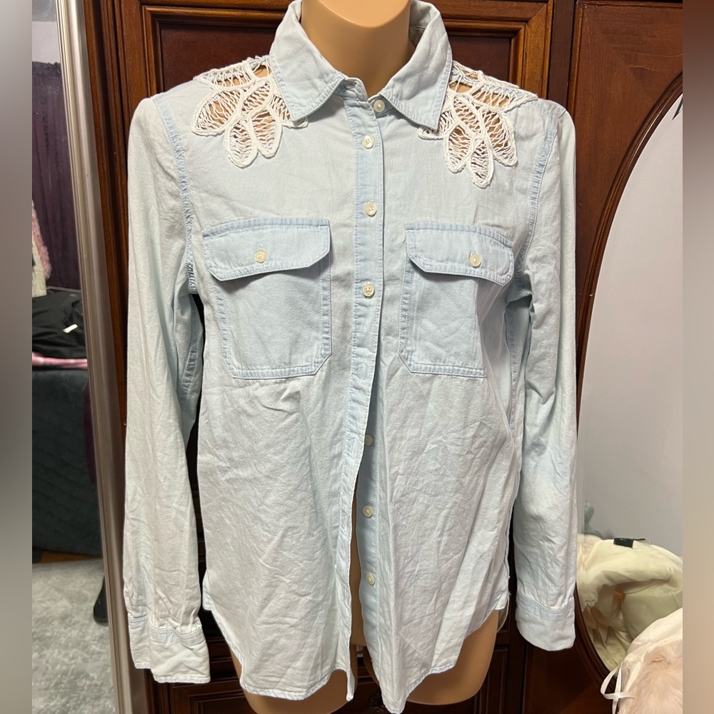 NWT Denim with Lace Button Up